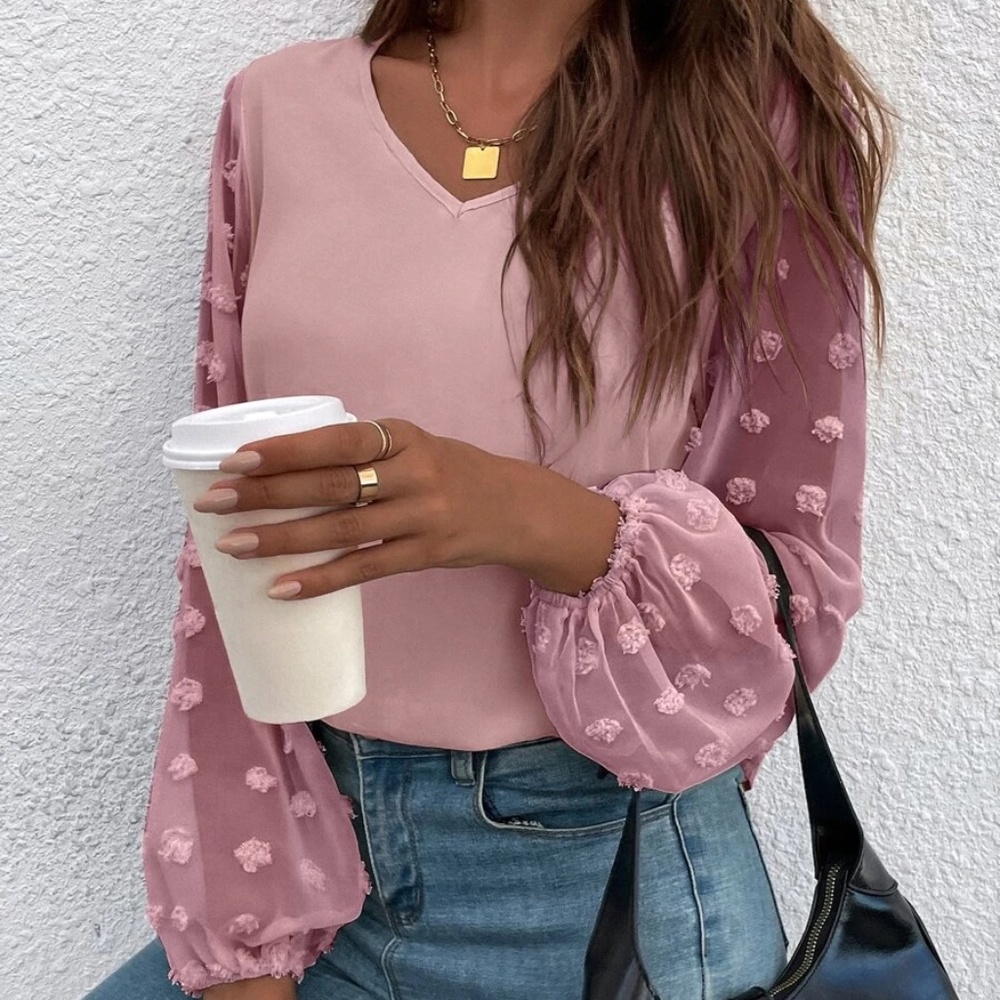 Boho Swiss Polka Dot Sheer Sleeve Oversized Top Minimalist - Picture 7 of 12